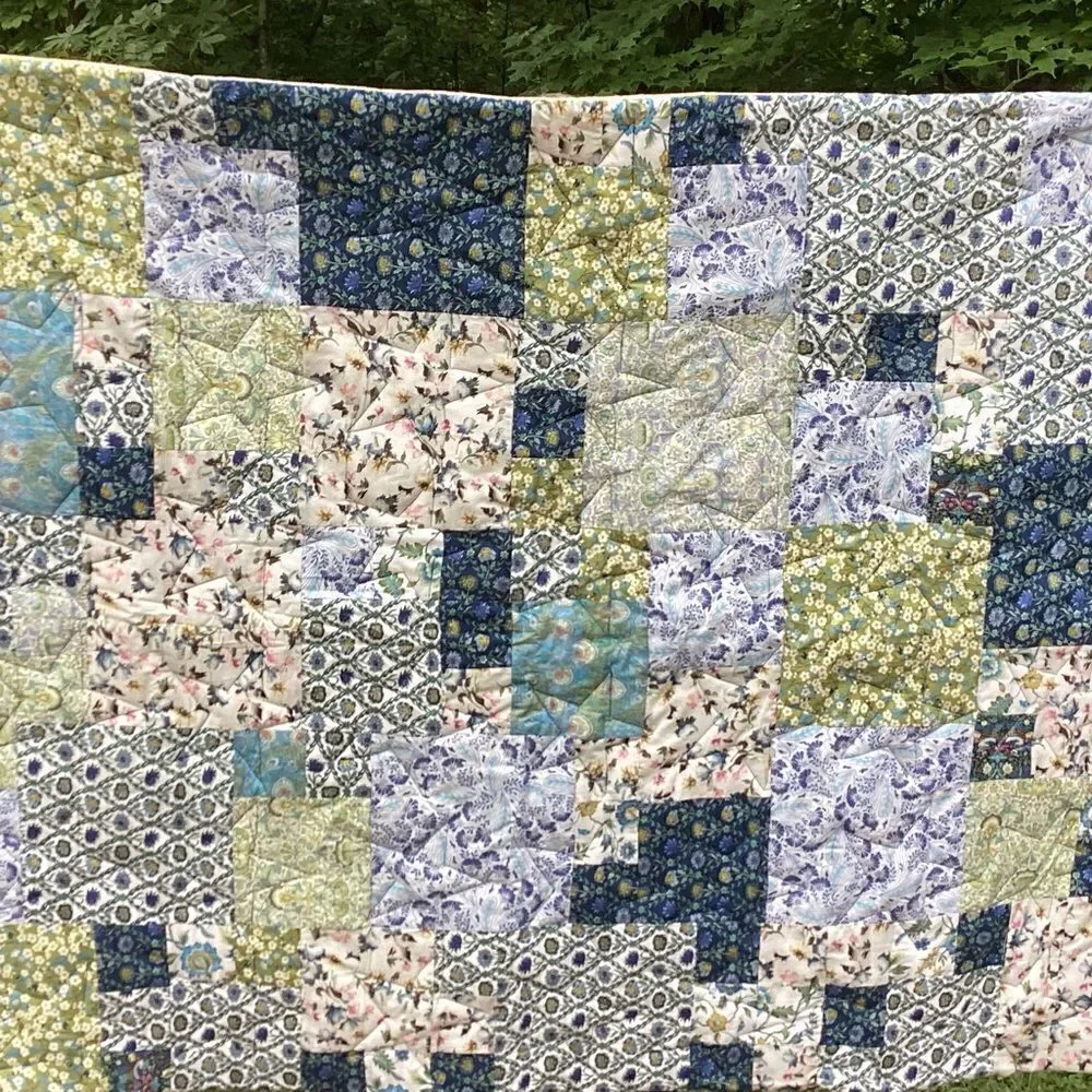 NWT. Hand Crafted Blues and Green Liberty Lawn Fabrics Garden Quilt with Stars